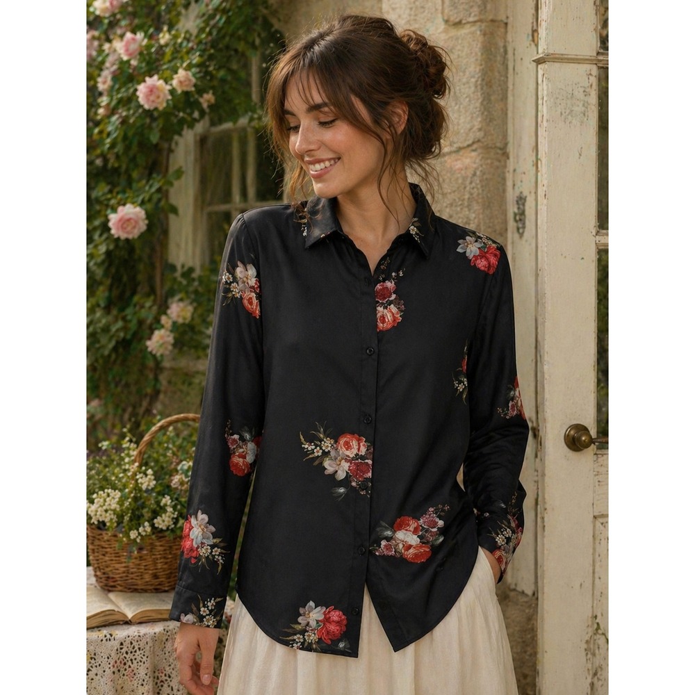 THE KOOPLES Silk Blend Black Floral Buttondown Top Blouse Button Down 0‎ / XS